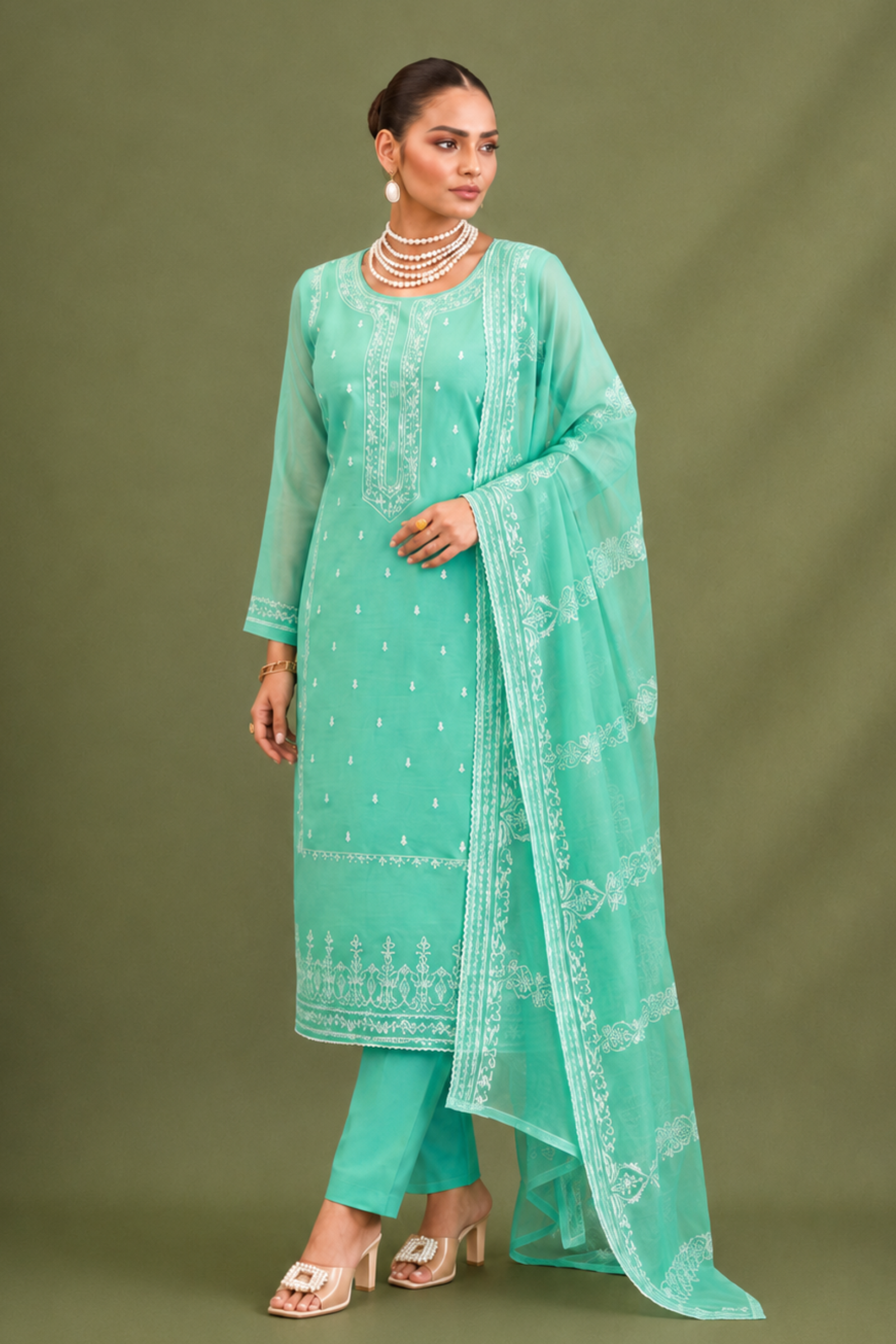 Mint Green Pure Mal Cotton Suit Set with Laser Cut Work Design