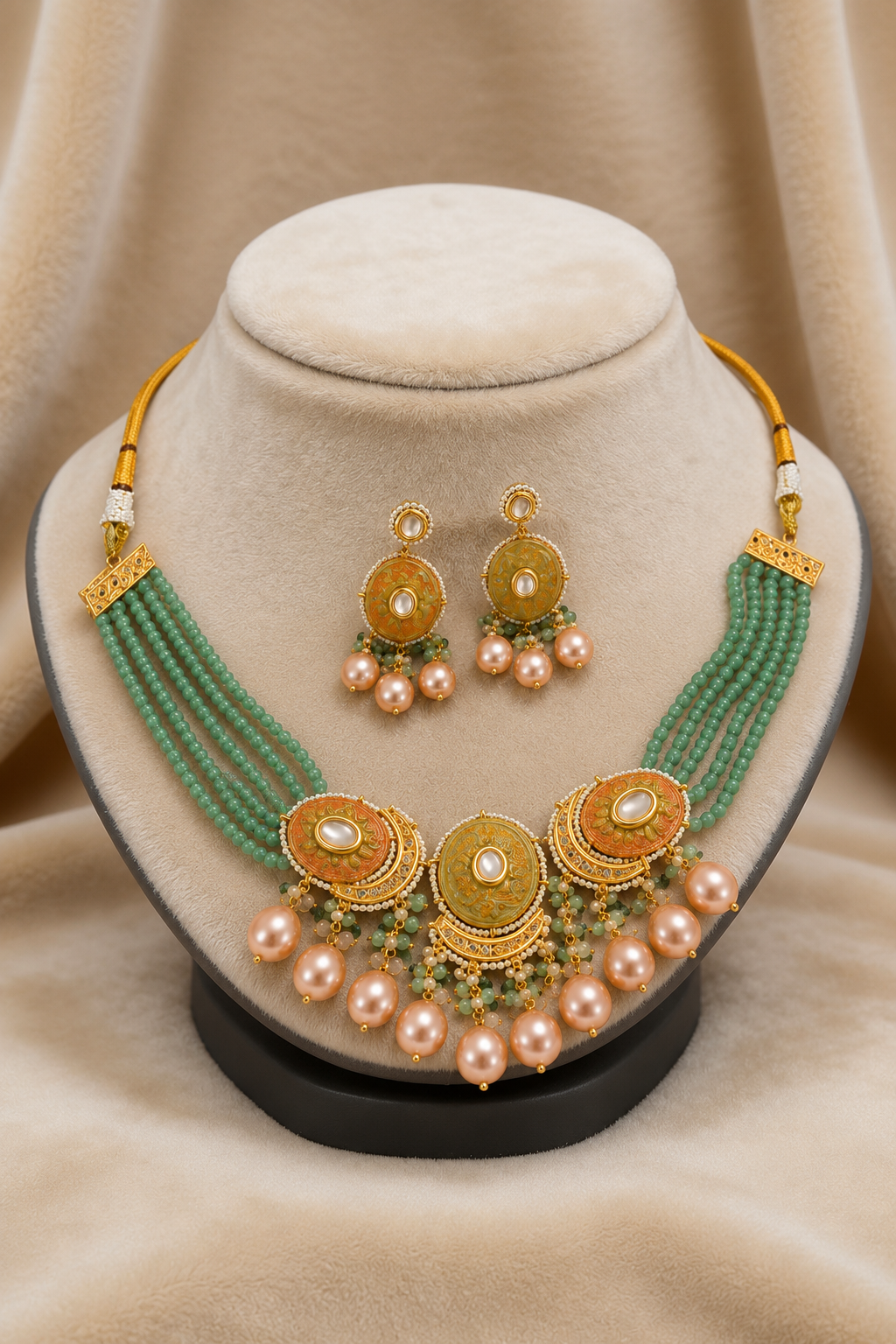 Gold Finish Kundan Sea Green Beads and Pearls Necklace Jewellery