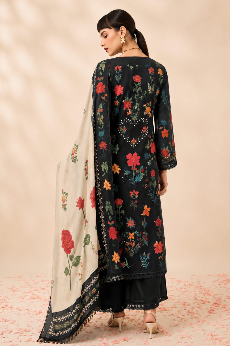 Black Pure Cotton Lawn Suit Set With Resham Embroidery, Digital Print & Scalloped Crochet Design