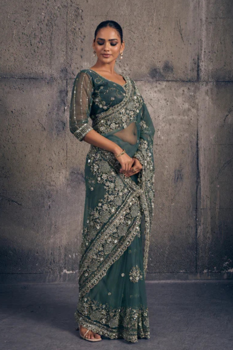 Emerald Green Net Saree with Hand Embroidery with Stitched Blouse