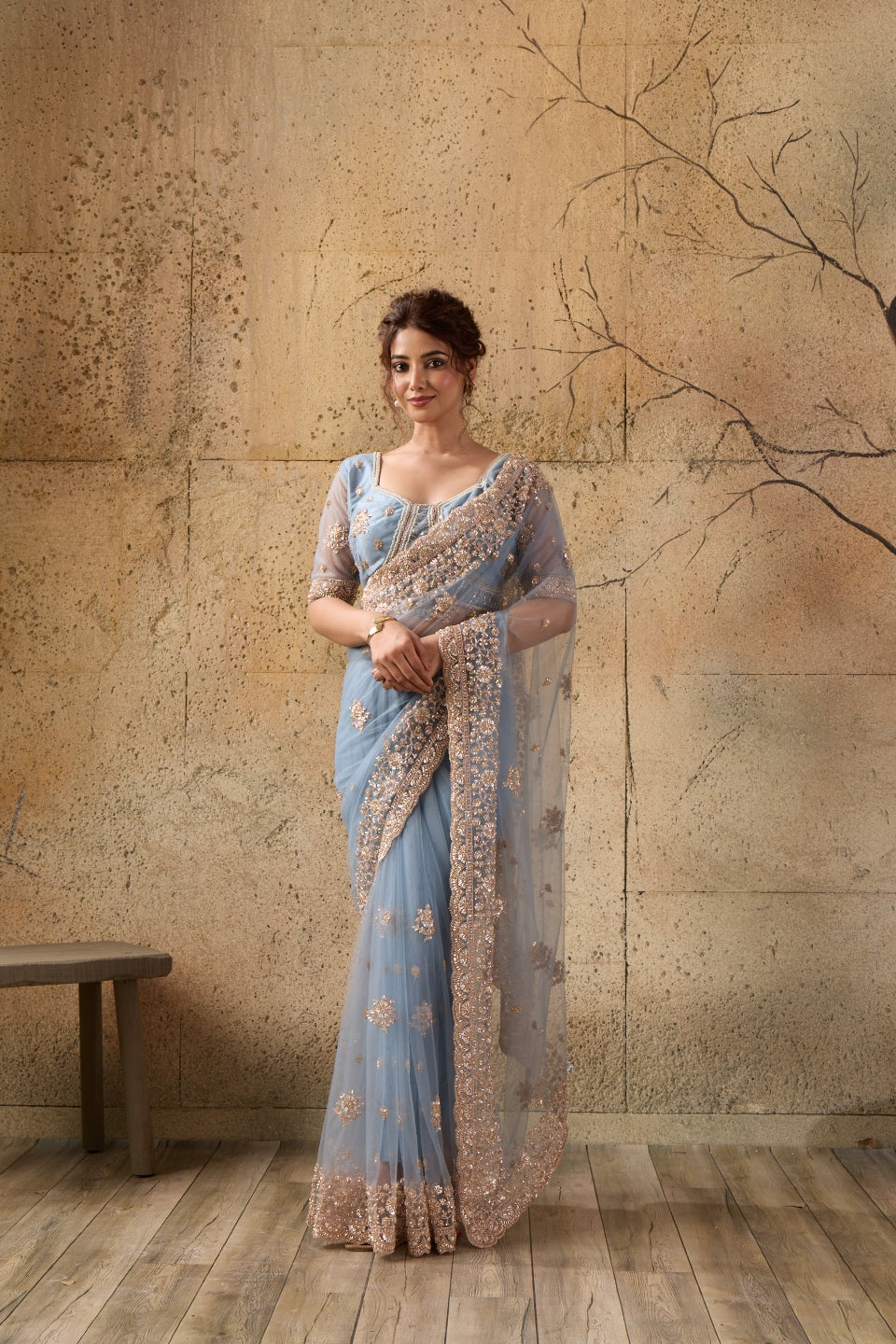 Dusty Blue Net Saree with Hand Embroidery with Stitched Blouse