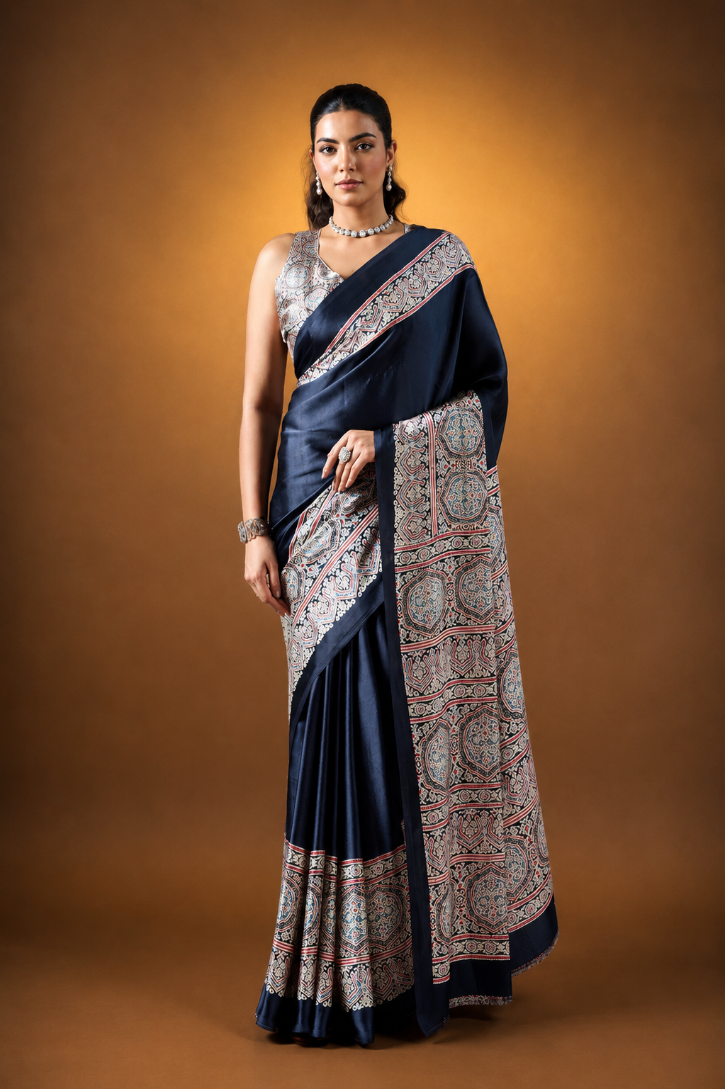 Black Pure Satin Modal Silk Saree with Ajrakh Print