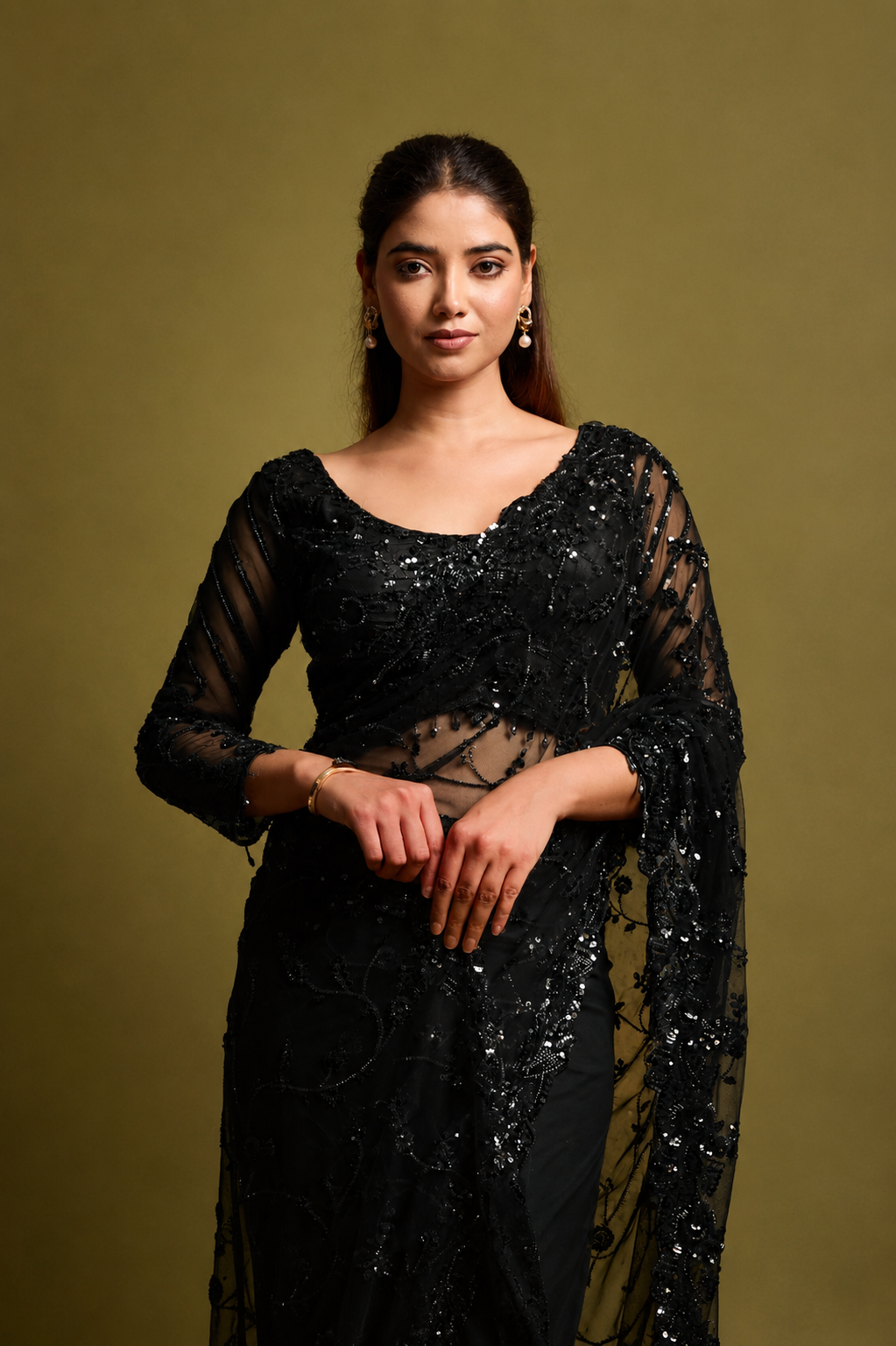 Black Net Saree With Sequin Hand Embroidery with Stitched Blouse