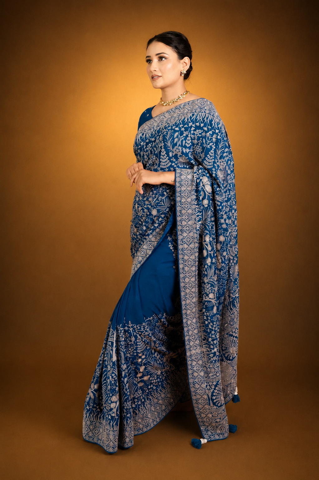 Teal Blue Lucknowi Georgette Saree with Beautiful Tassels and Zari Work