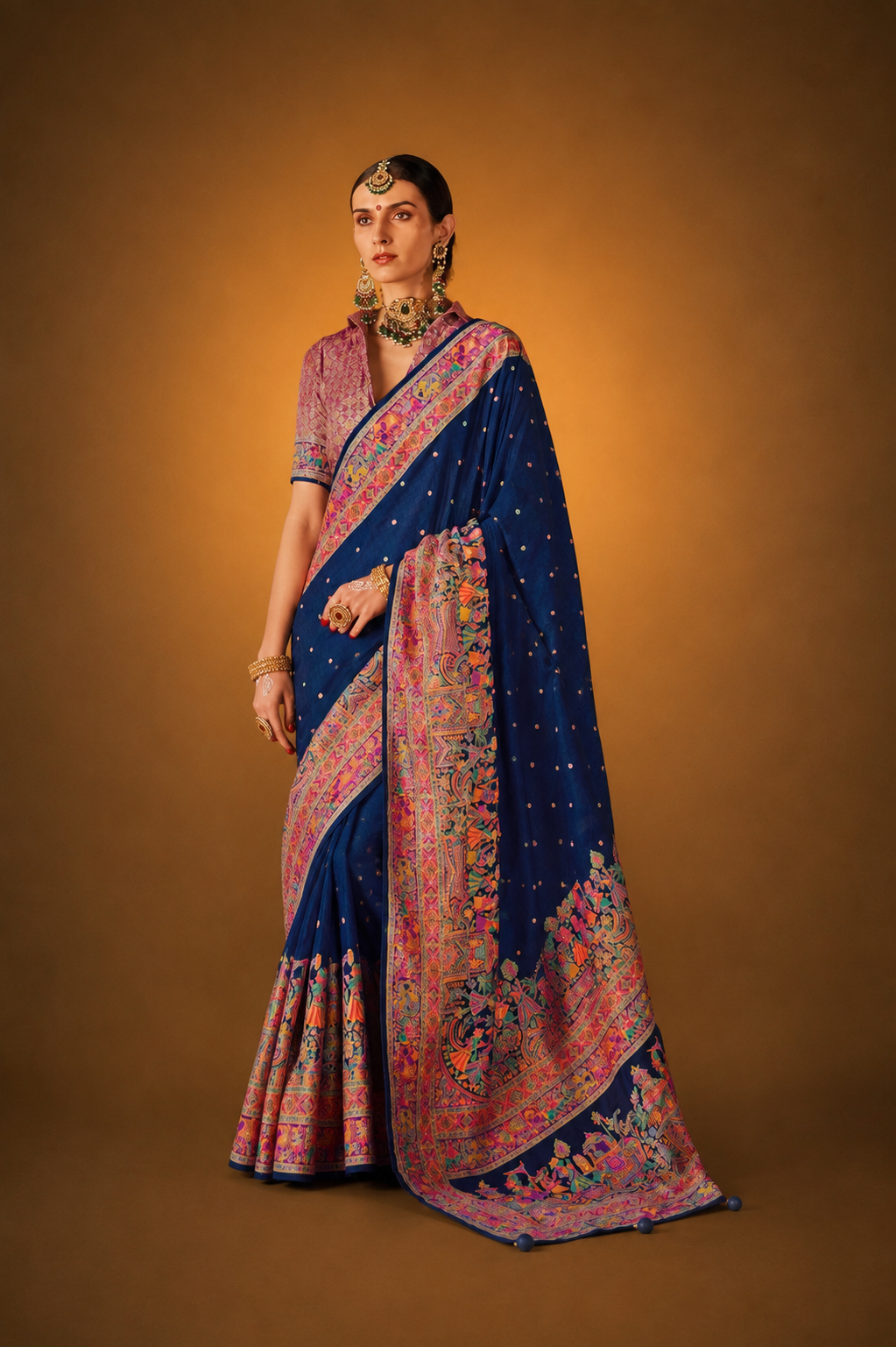 Dark Navy Blue Raw Silk Saree with Heritage Prints