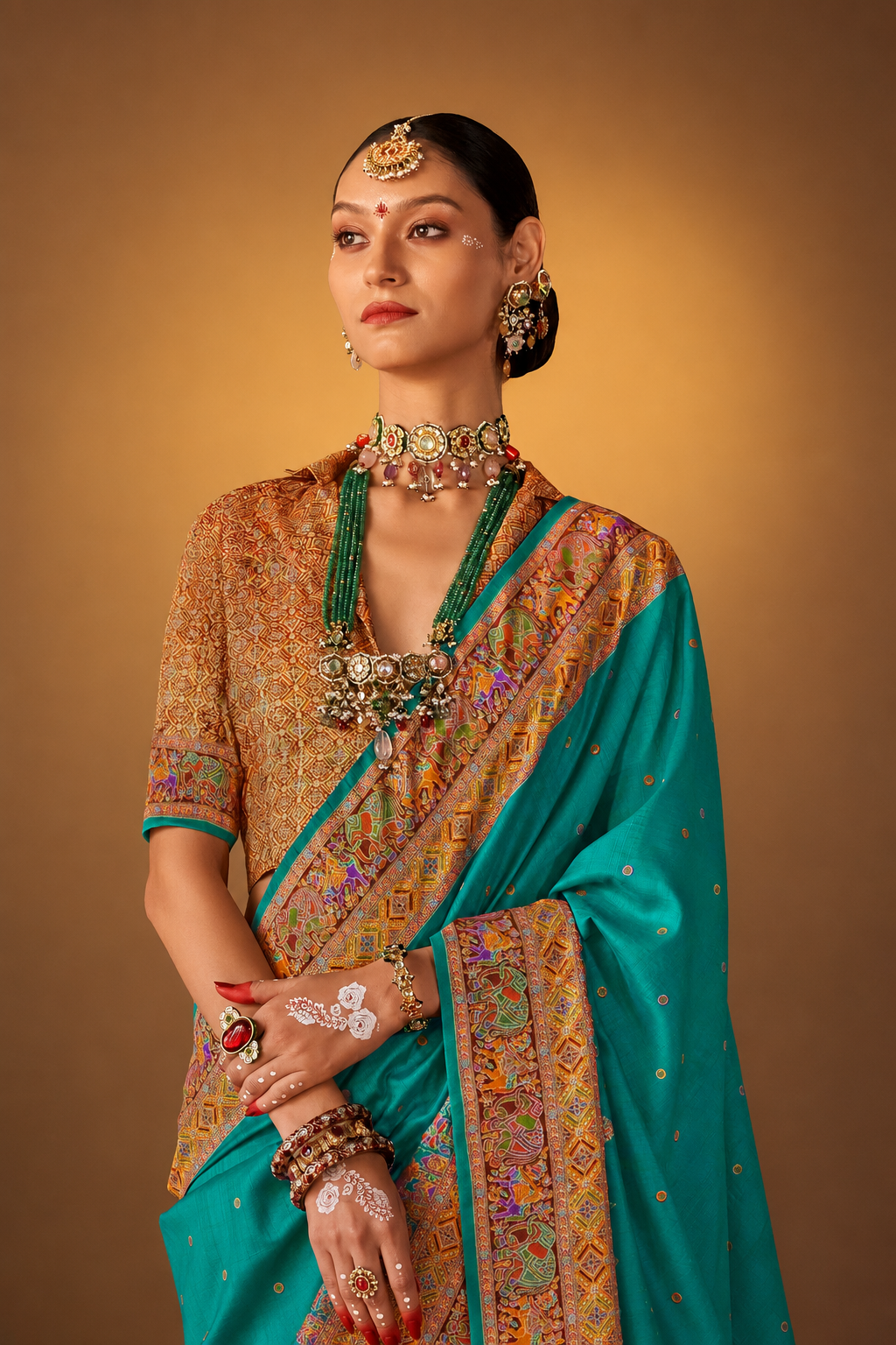 Aqua Blue Green Raw Silk Saree with Heritage Prints