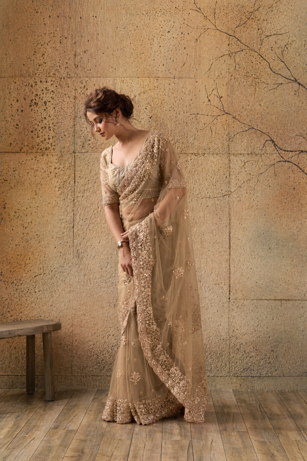 Dark Golden Net Saree with Hand Embroidery with Stitched Blouse