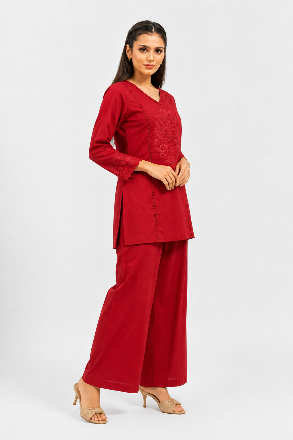Wine Red Mal Cotton Co-Ord Set with Floral Embroidery