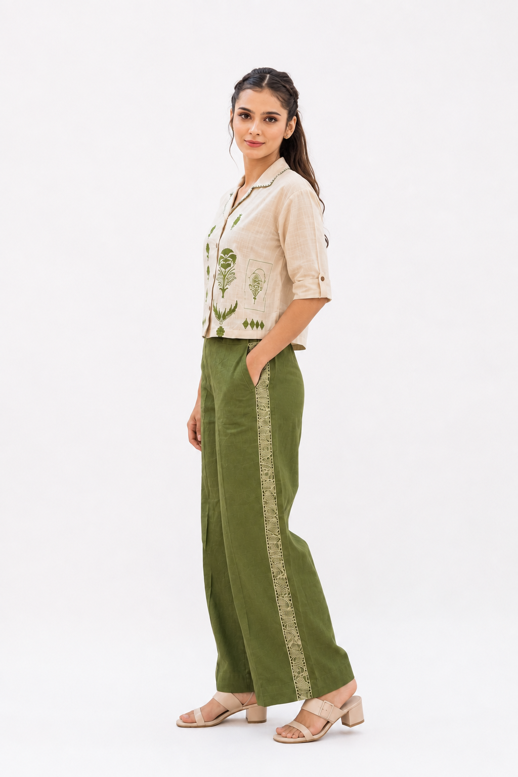 White & Olive Green Linen Cotton Co-Ord Set with Botanical Block Print
