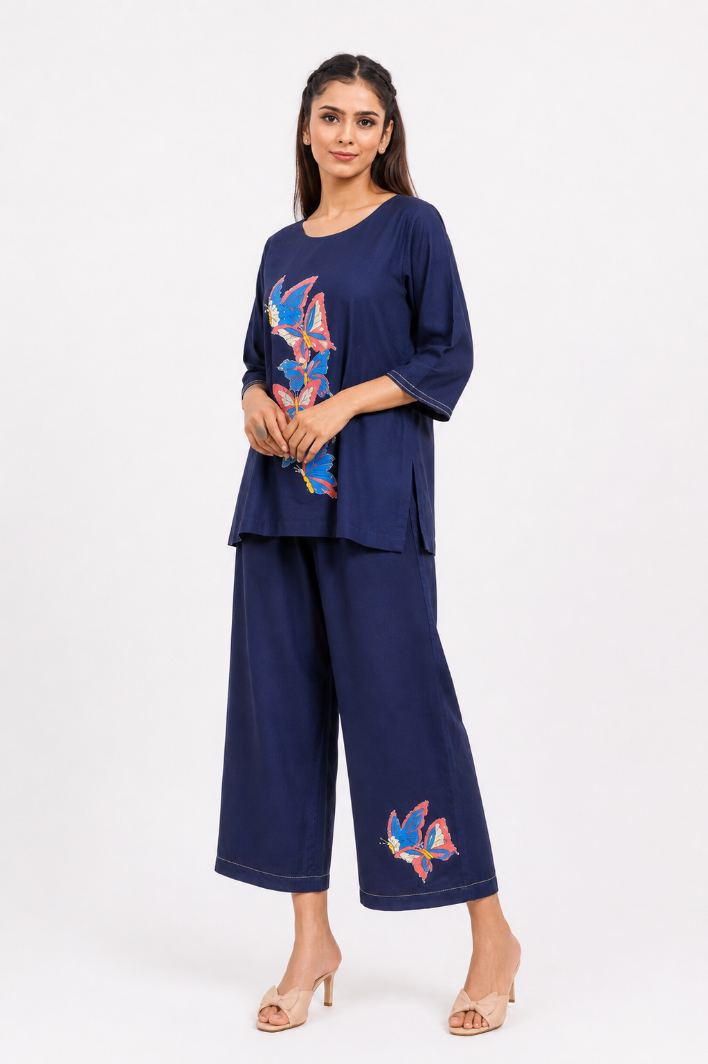 Navy Blue Mal Cotton Co-Ord Set with Hand Painted Butterfly With Katha Border