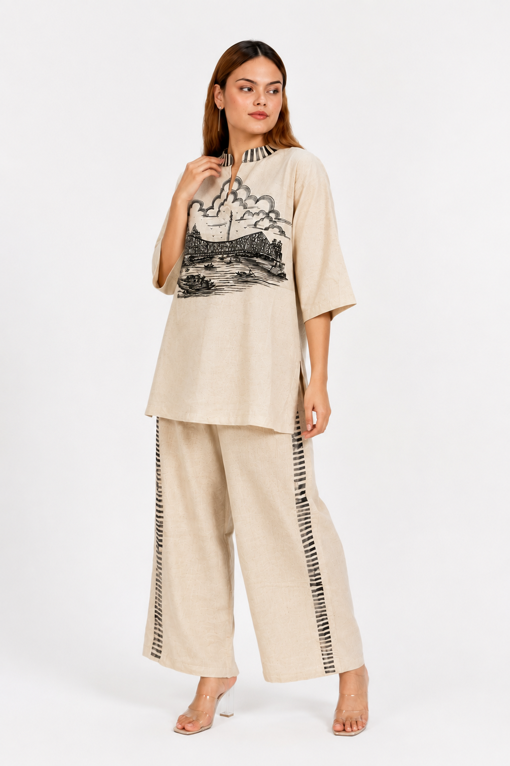 Off White Linen Cotton Co-Ord Set with Kolkata Cityscape Print