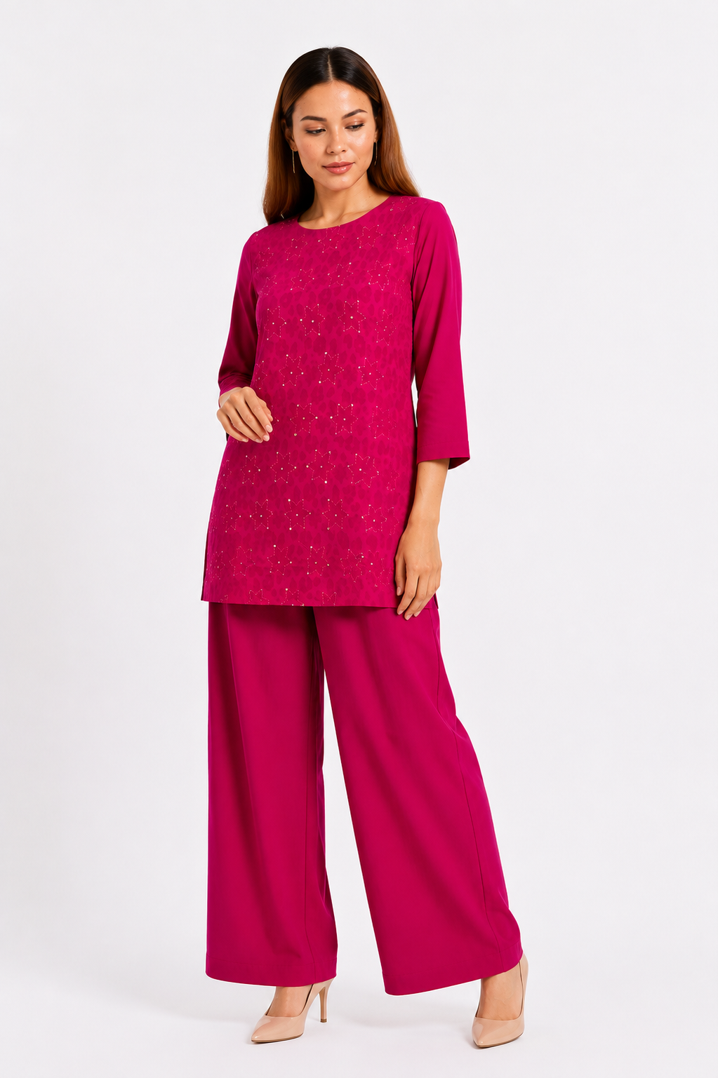 Rani Pink Mal Cotton Co-Ord Set with Star Katha Work