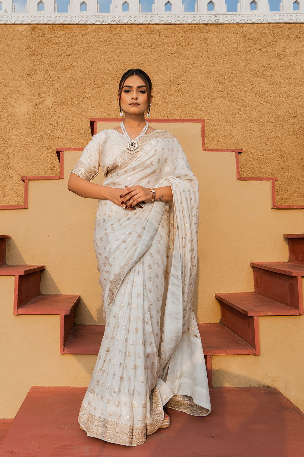 Cream Silk Saree with Golden Buti Work and Rich Zari Border - Mayrake.in