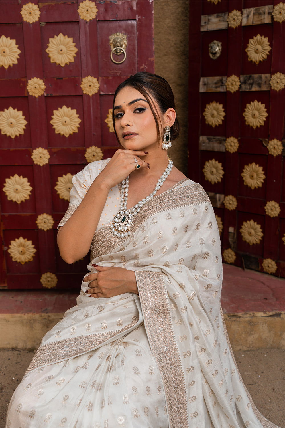 Cream Silk Saree with Golden Buti Work and Rich Zari Border - Mayrake.in