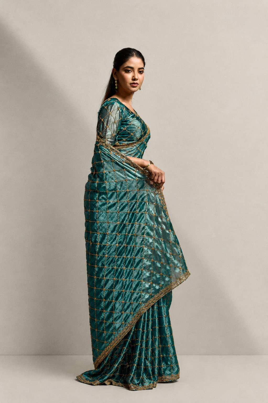 Teal Blue Organza Silk Saree with Hand Embroidery with Stitched Blouse