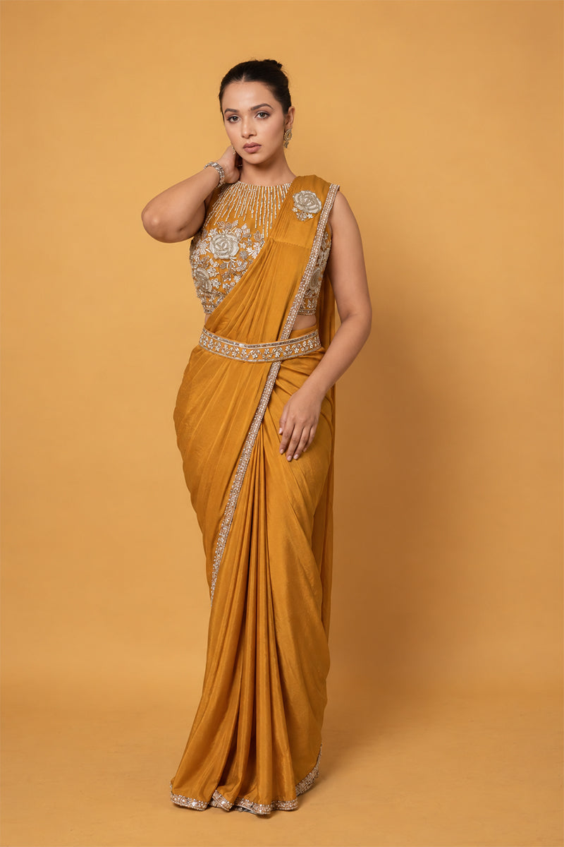 Mustard Yellow Satin Silk Pre-Draped Saree with Zari Work