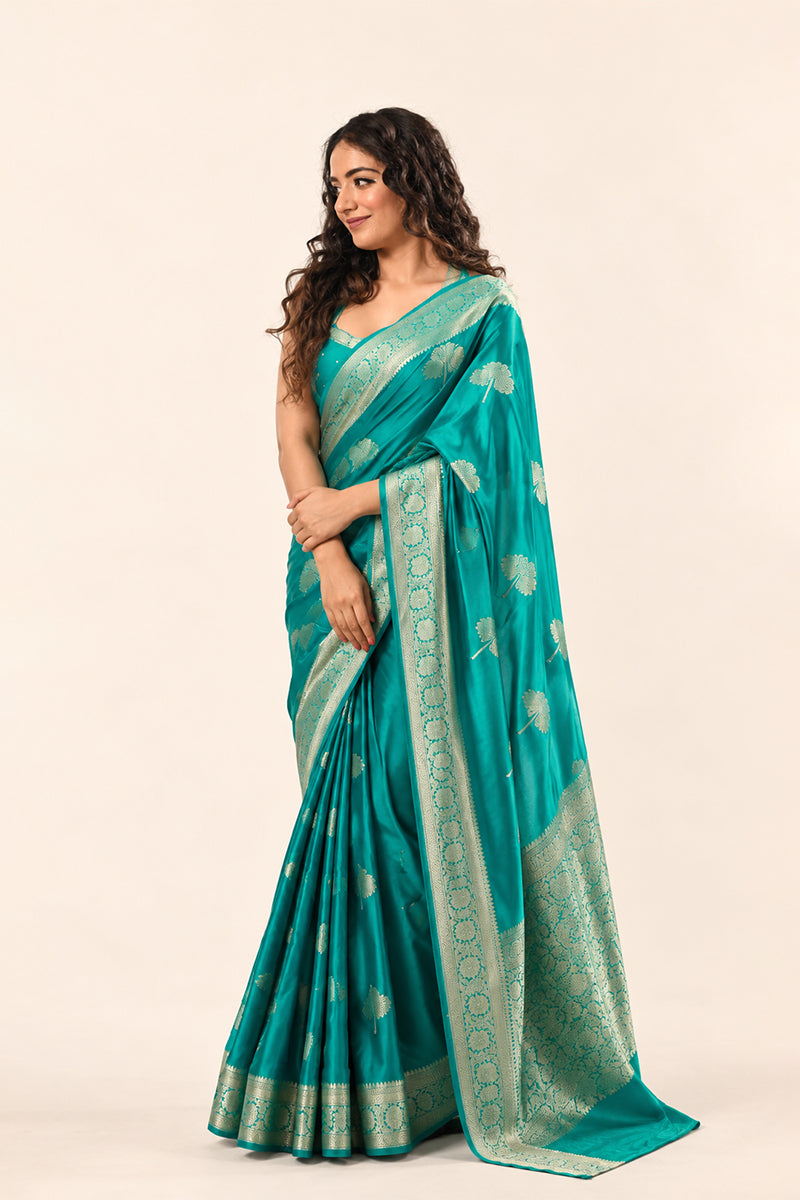 Teal Blue Sattin Mungha Silk Saree with banarasi border