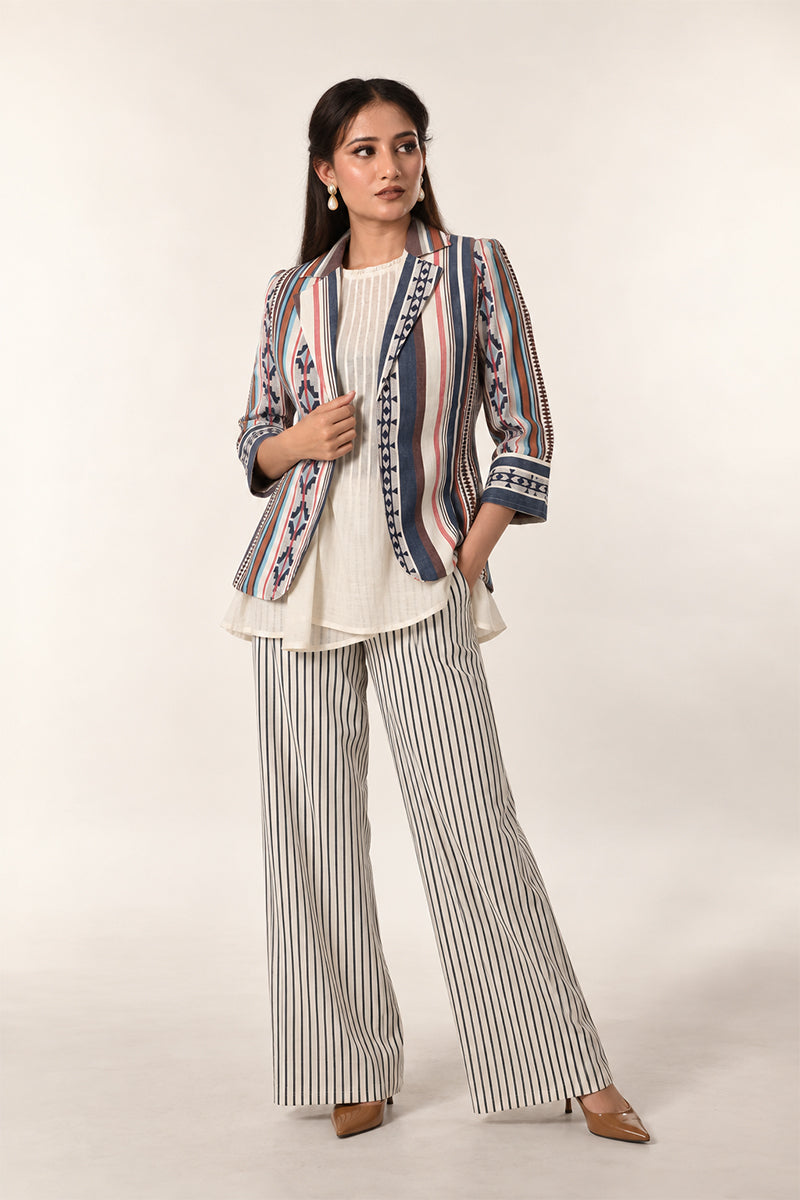Beige Linen Cotton 3-Piece Co-Ord Set with Striped Jacket