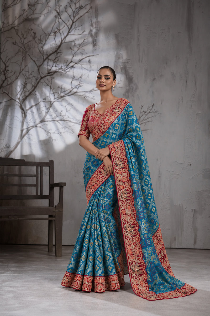 Blue Silk Saree with Bandhani Print | Two Blouse Concept