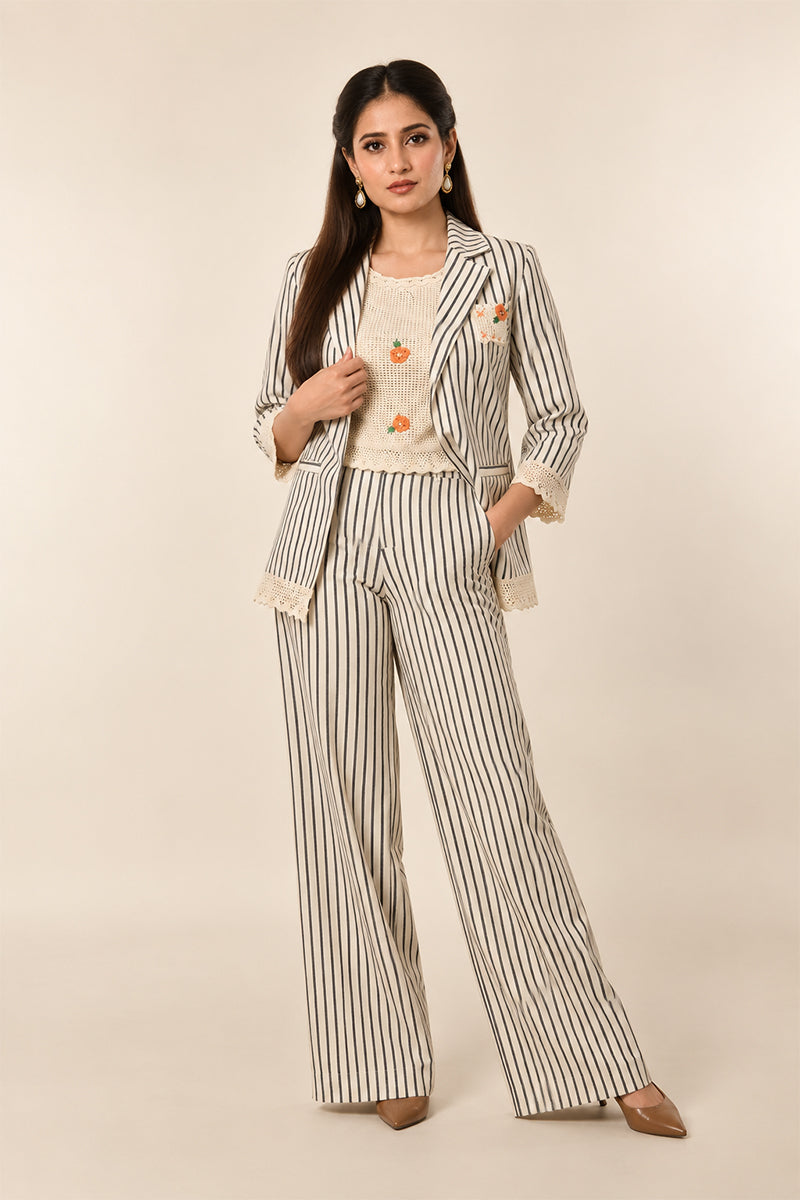 Ivory Cotton Linen Striped Cord Set with Embroidered Blazer & Wide-Leg Pants