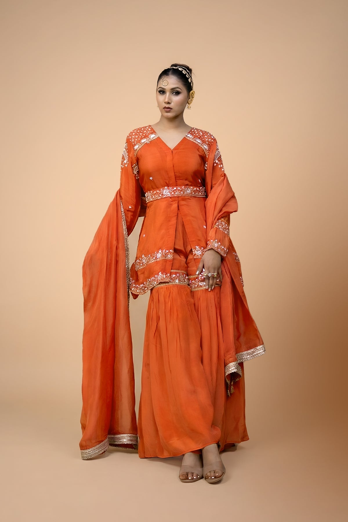 Orange Crepe Silk Full-Sleeve Long Top with Belt & Gharara Set