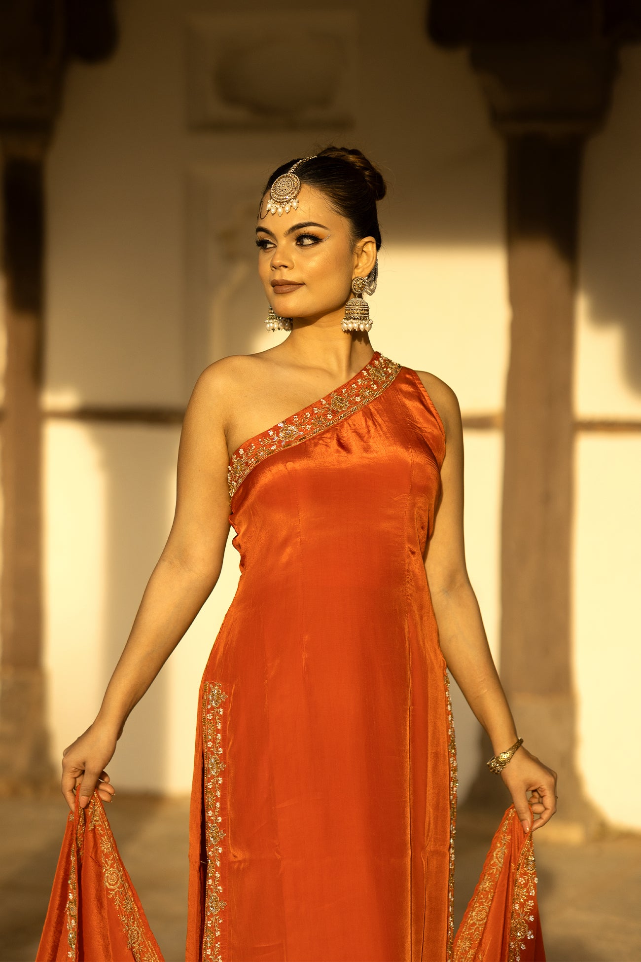 Orange Crepe Silk Off-Shoulder Kurta Pant Set