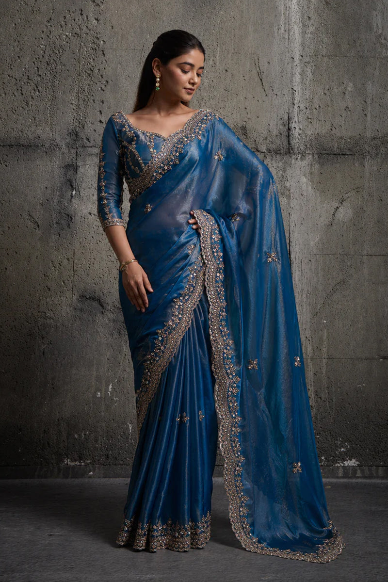 Dusty Blue Organza Silk Saree with Hand Embroidery with Stitched Blouse