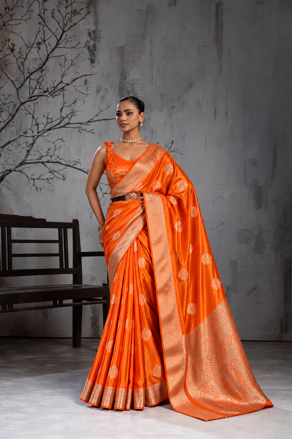 Orange Sattin Mungha Silk Saree with banarasi border