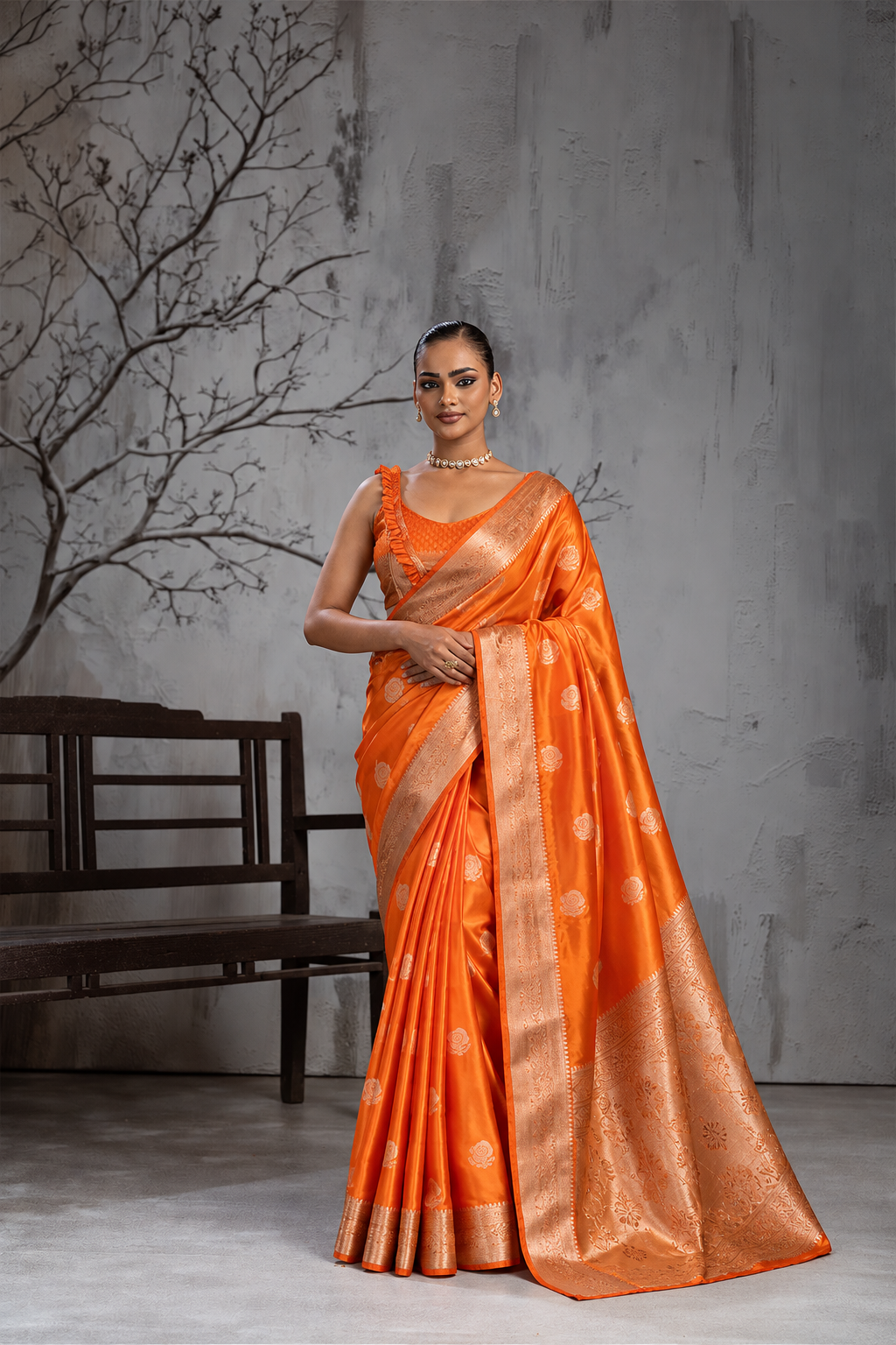 Orange Sattin Mungha Silk Saree with banarasi border