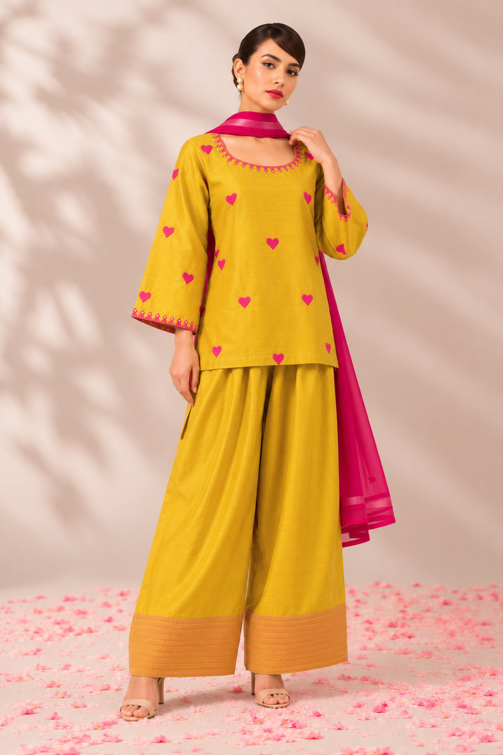 Mustard Yellow Cotton Farsi Kurta Pant Set with Pink Heart Embroidery