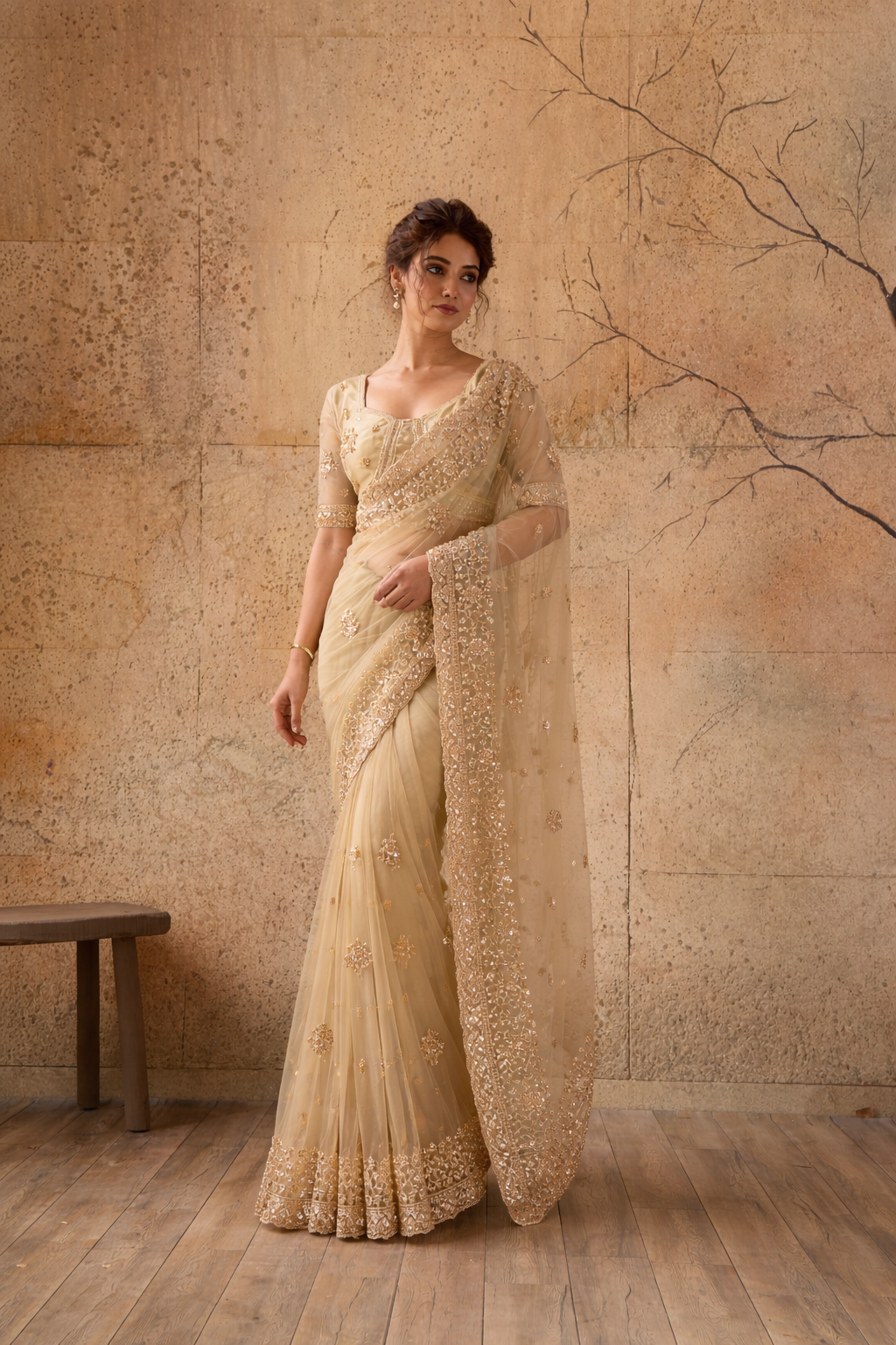 Beige Gold Net Saree with Hand Embroidery with Stitched Blouse