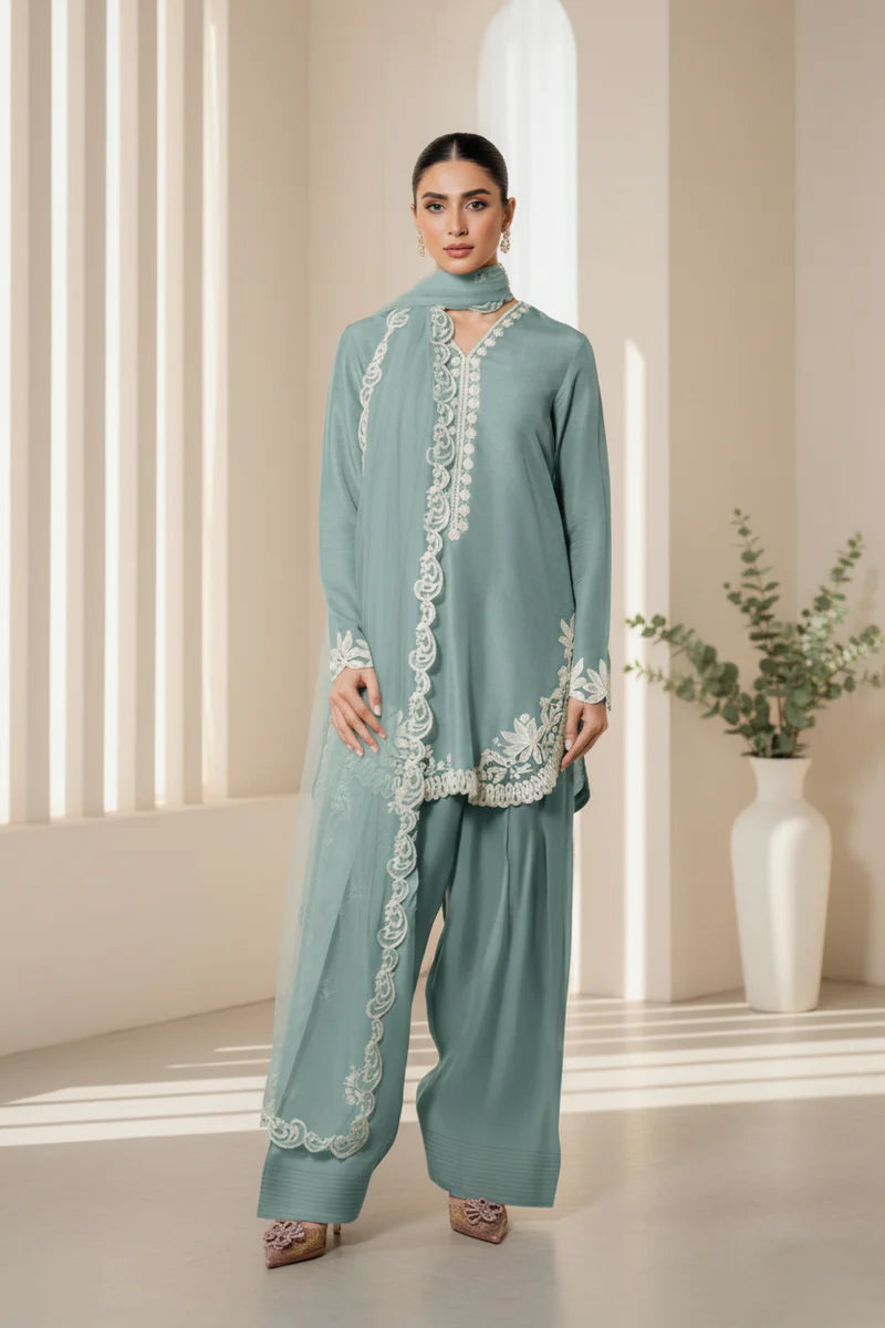 Sea Green Farsi Salwar Suit With White Thread Lace Work