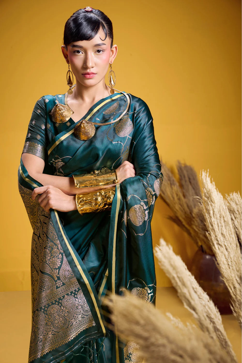 Emerald Green Pure Satin Handloom Saree with Gold Zari Weaving