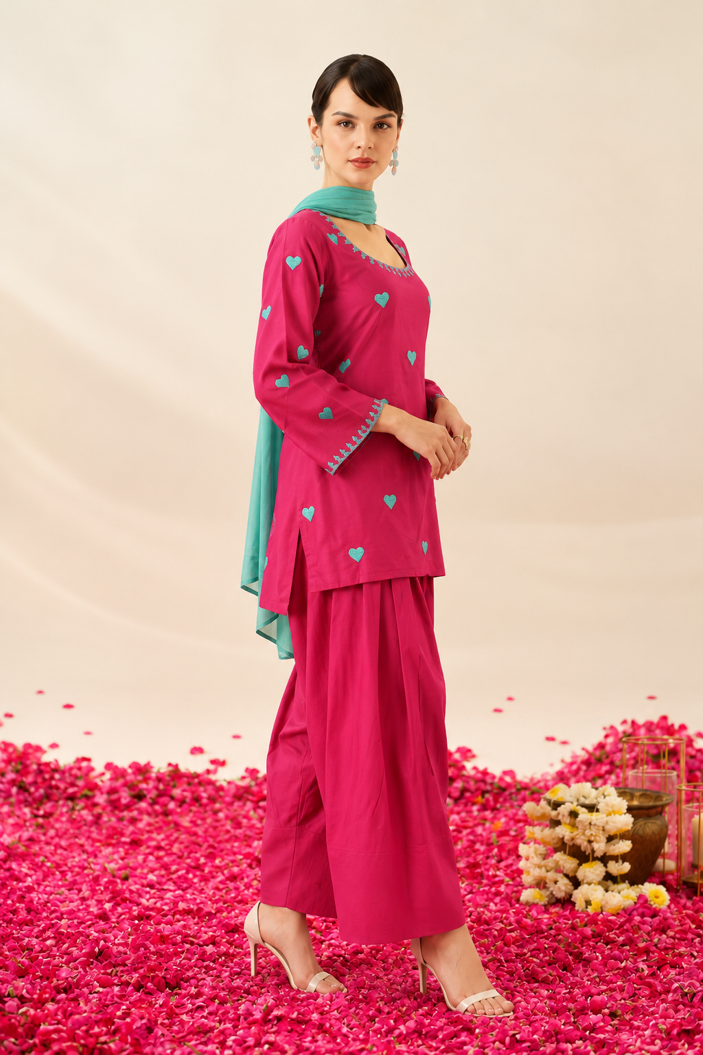 Pink Cotton Kurta Pant Set with Heart Embroidery