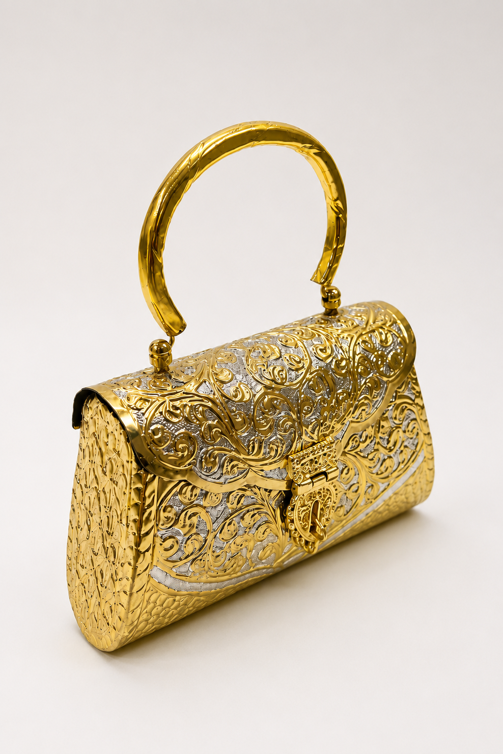 Gold Metal Clutch with Vintage Floral Design