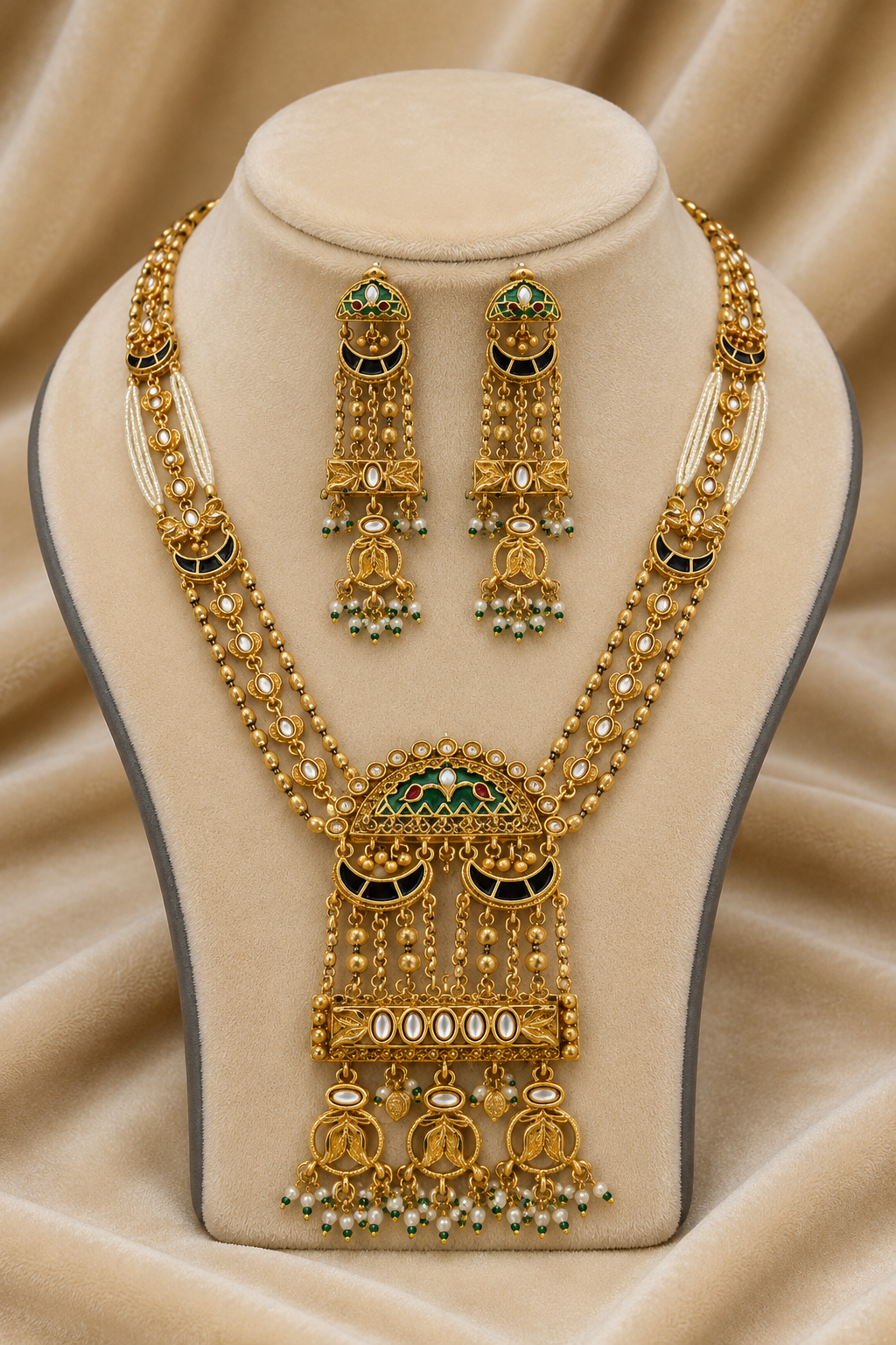 Gold-Tone Anti-Tarnish Traditional Kundan Meenakari Long Necklace Set with Pearl Strands