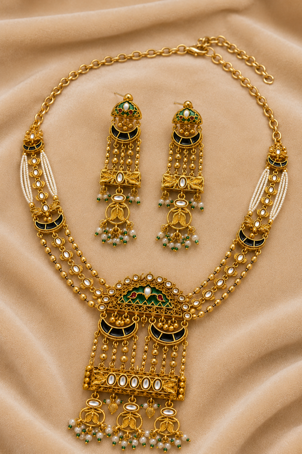 Gold-Tone Anti-Tarnish Traditional Kundan Meenakari Long Necklace Set with Pearl Strands