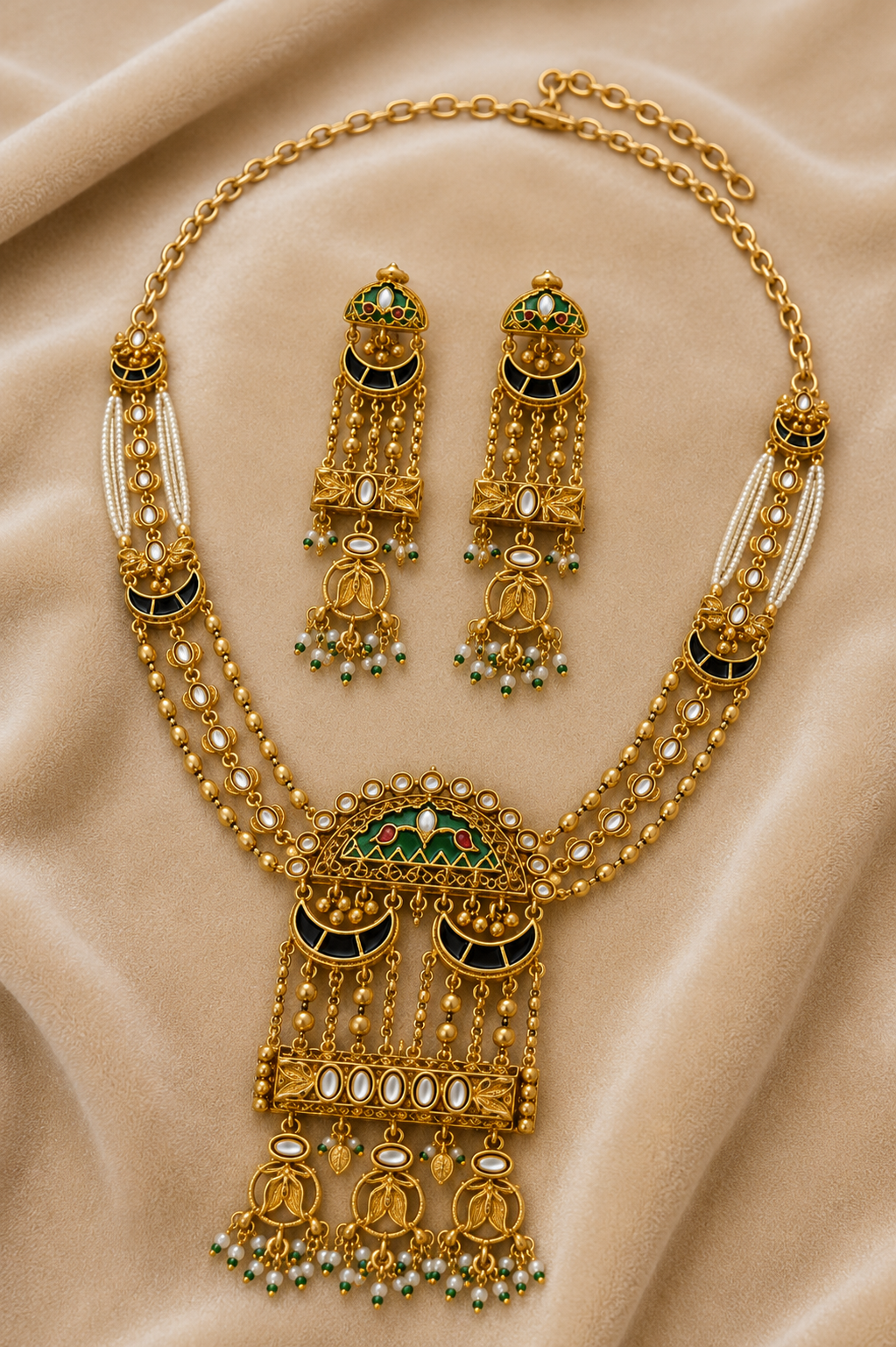 Gold-Tone Anti-Tarnish Traditional Kundan Meenakari Long Necklace Set with Pearl Strands