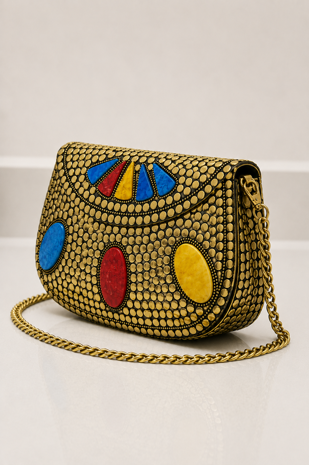 Golden Clutch with Multicolor Floral Kundan Stone Work