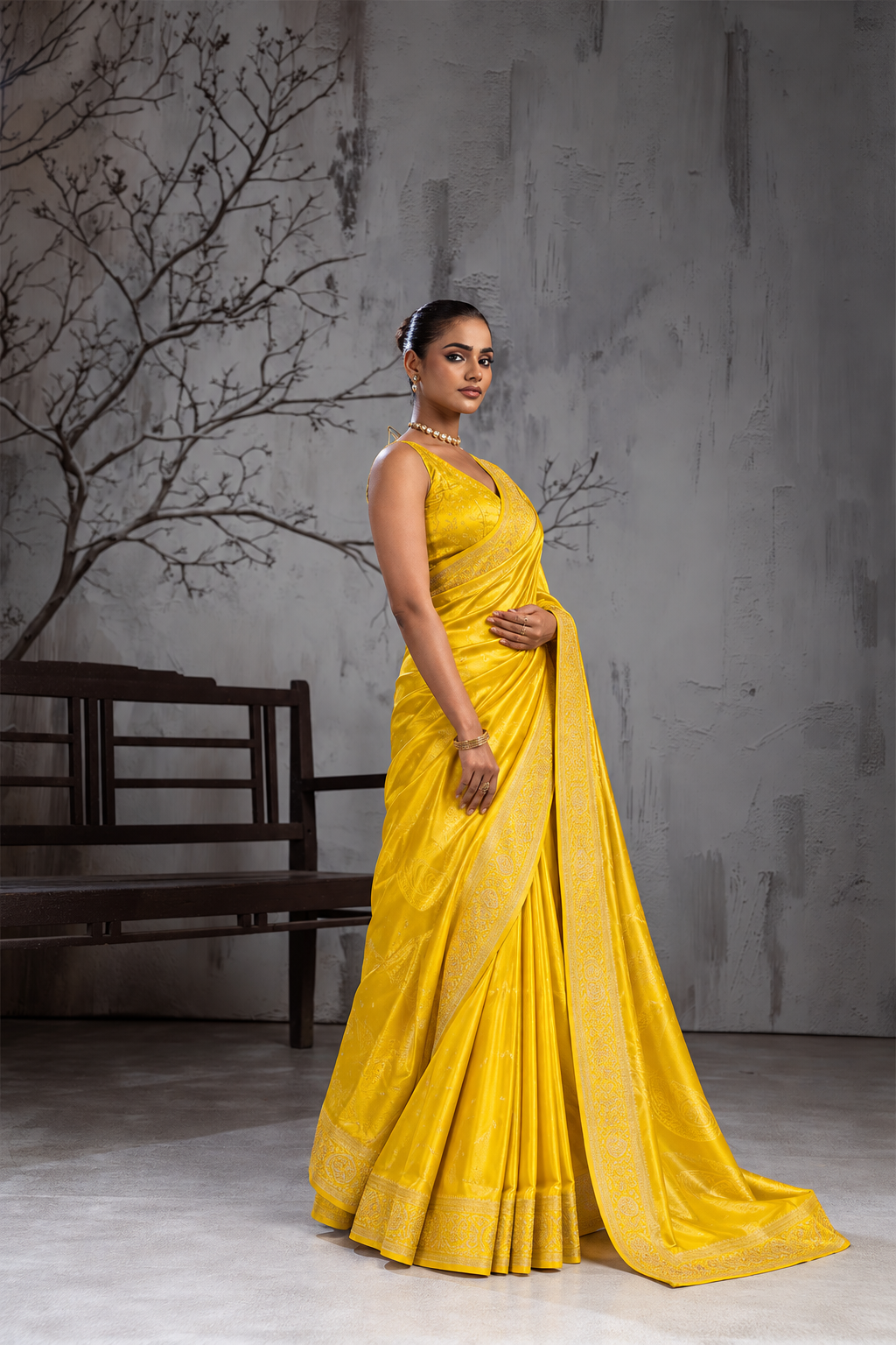 Yellow Sattin Mungha Silk Saree with banarasi border