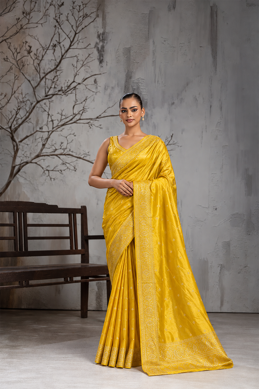 Yellow Sattin Mungha Silk Saree with banarasi border