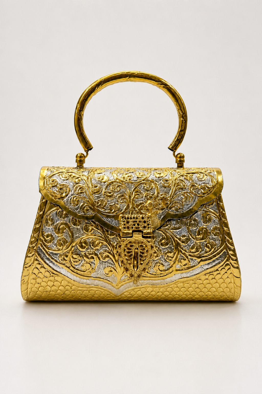 Gold Metal Clutch with Vintage Floral Design