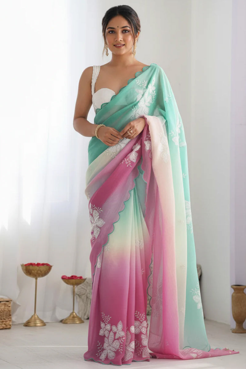 Green Magenta Pastel Shaded Chinon Silk Saree with Sequin Embroidery & Khatli Border