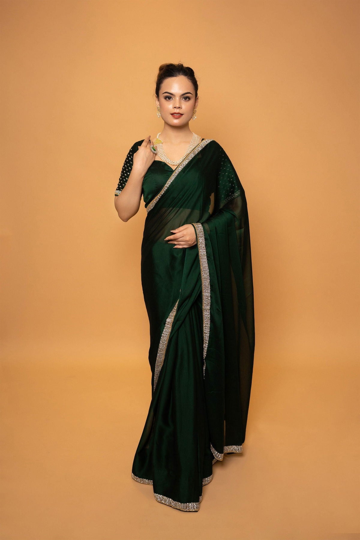 Green Georgette Saree With Swarovski Work