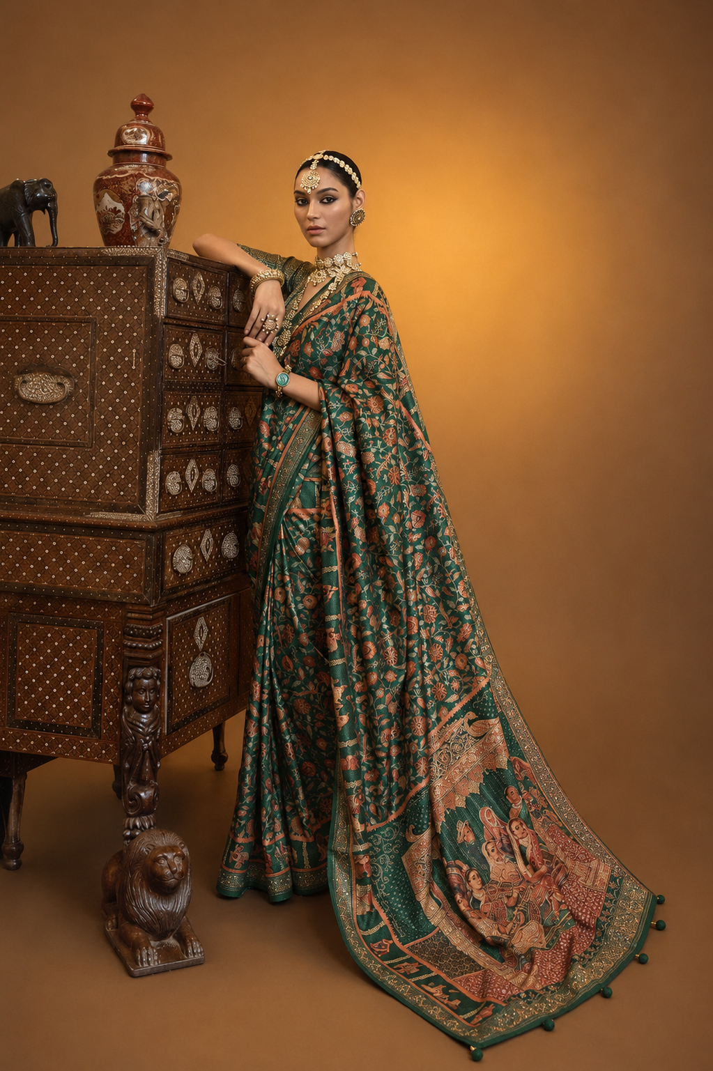 Emerald Green Raw Silk Saree with Ethnic Heritage Prints