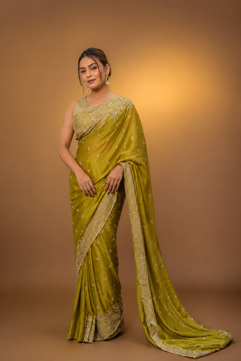 Two Blouse Concept – Mehendi Green Crepe Silk Saree with Sequin and Zari Work