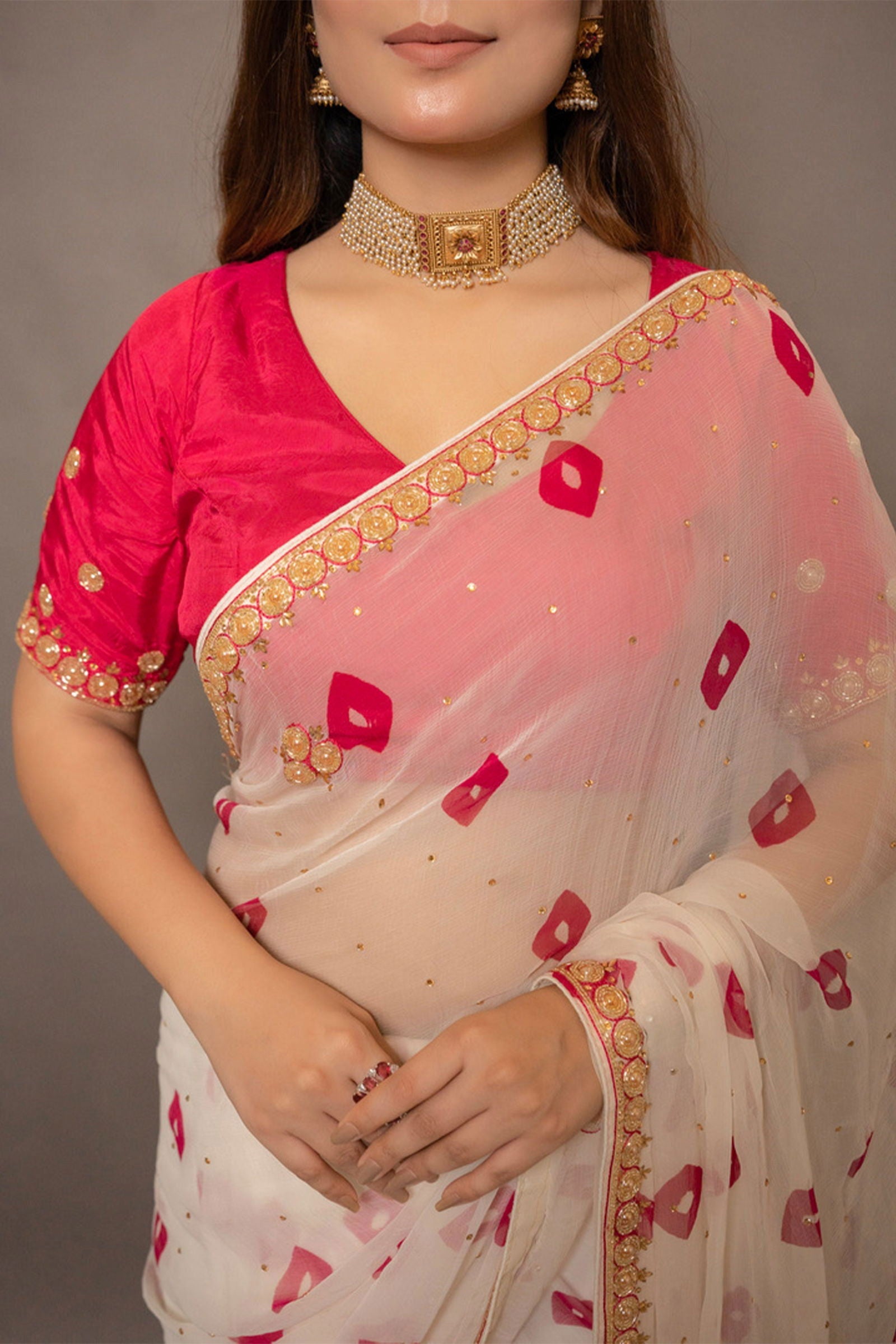 Handcrafted Matte Finish Gold Pearl Meenakari Choker with Earrings - Mayrake.in