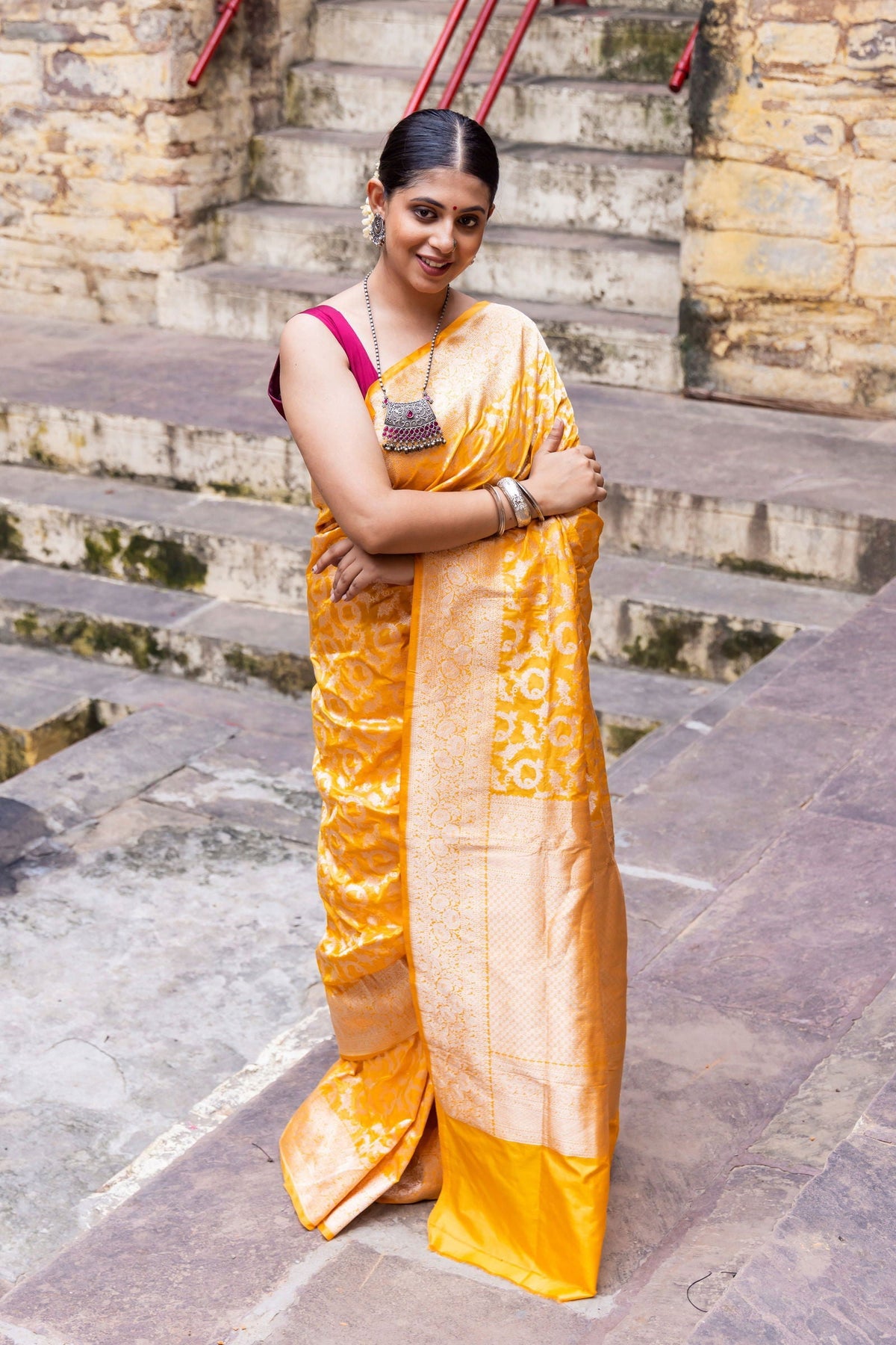 Handloom Yellow Pure Katan Silk Banarasi Saree