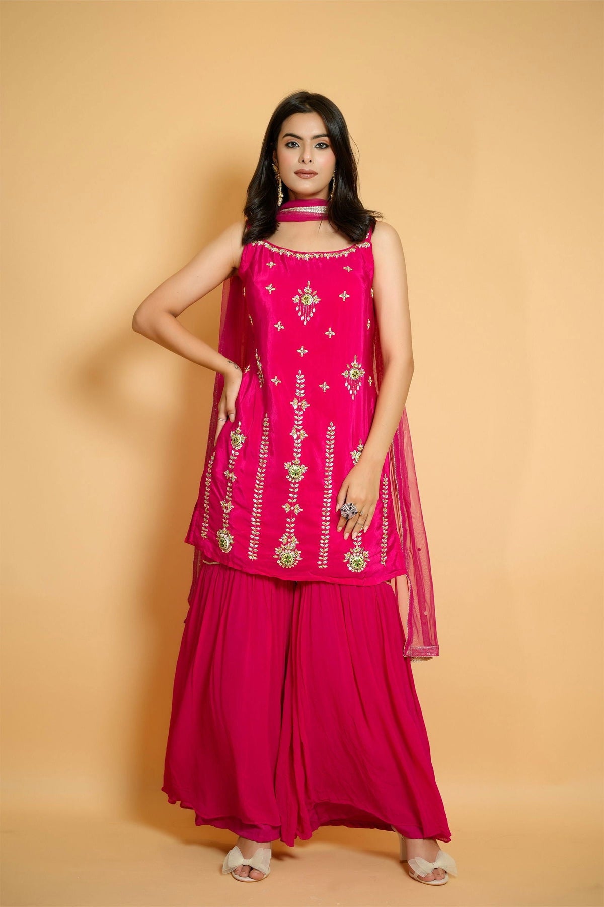Handwork Hot Pink Crepe Garara Silk Suit