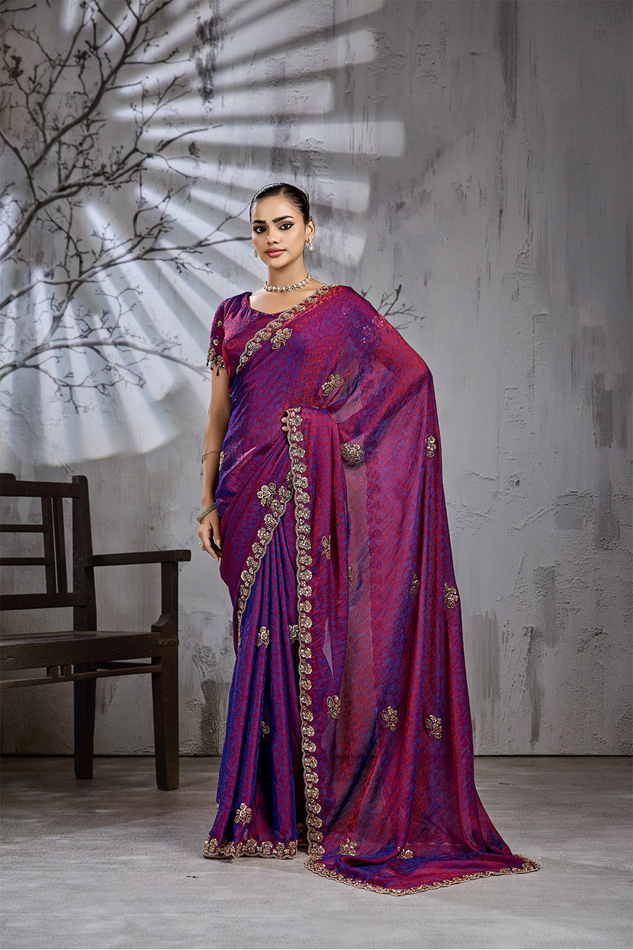 Royal Magenta Tissue Saree with Golden Zari Embroidery